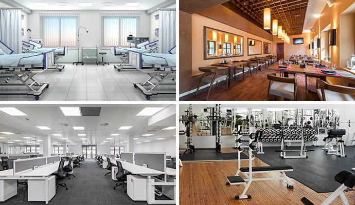 Collage of clean hospital, restaurant, office and gym space