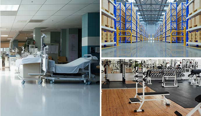Collage of clean hospital, warehouse and gym Collage of clean hospital, warehouse and gym