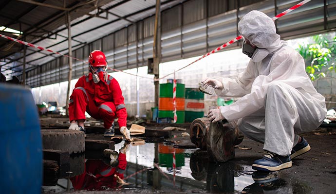 Experts cleaning hazardous chemical wearing hazmat suits Experts cleaning hazardous chemical wearing hazmat suits