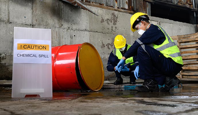 Two experts are inspecting chemical spill on the floor