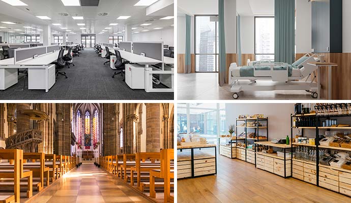 Collage of clean office, hospital, church and retail store