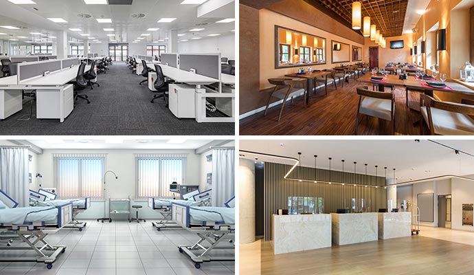 Collage of clean office, restaurant, hospital and reception Collage of clean office, restaurant, hospital and reception