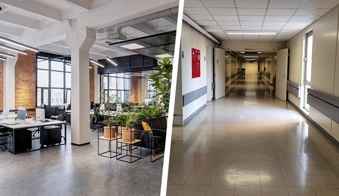 Collage of clean office space and hospital