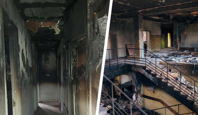 Collage of fire damage property for residential and commercial area