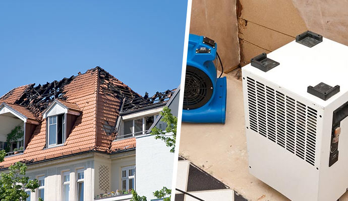 Collage of fire damaged house and water extraction equipment