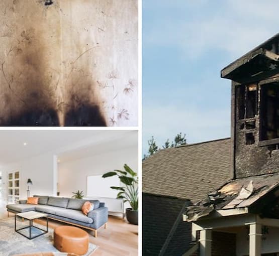 Collage of smoke damaged wall, clean room and fire damaged house