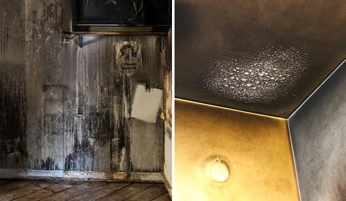 Collage of soot and smoke damaged wall