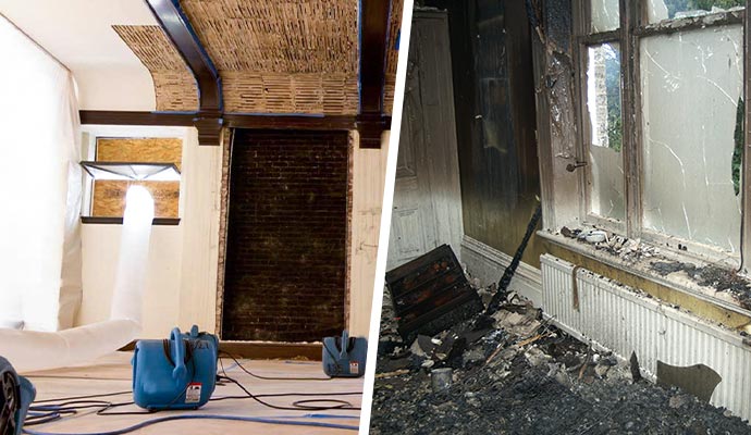 Collage of water and fire damage restoration