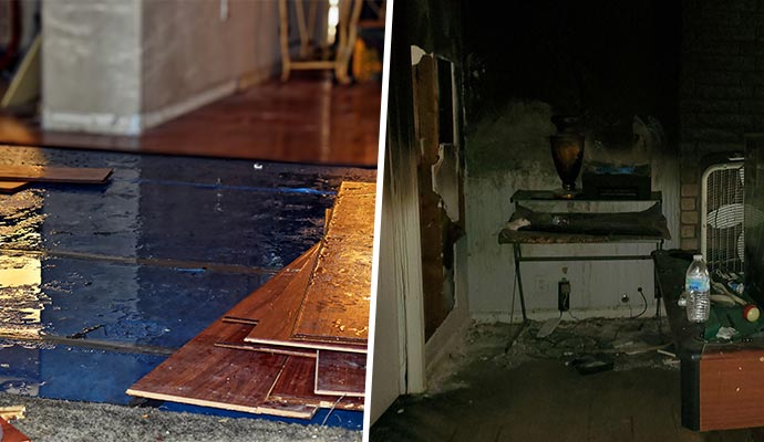 Collage of water and fire damaged room Collage of water and fire damaged room