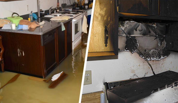 Collage of water and fire damaged rooms