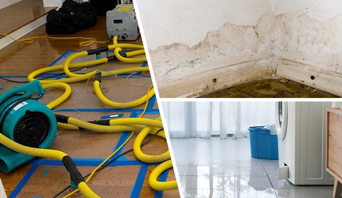 Collage of water damage restoration equipment, moldy wall, and appliance leak
