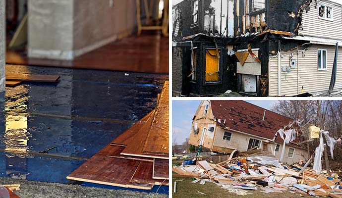 Collage of water damaged floor, fire and storm damaged property