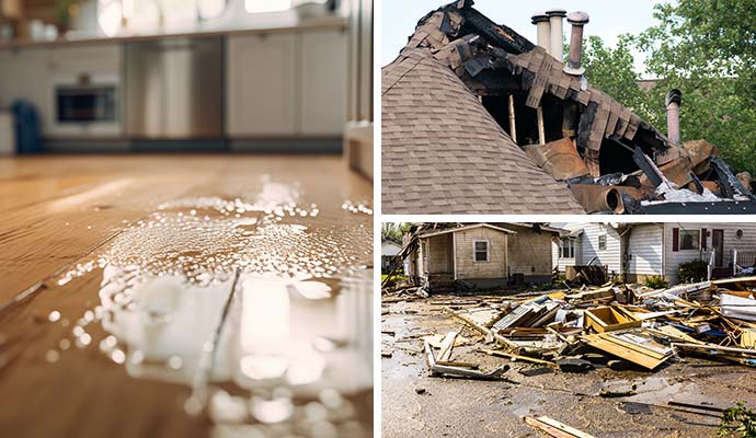 Collage of water damaged wooden floor, fire and storm damaged house