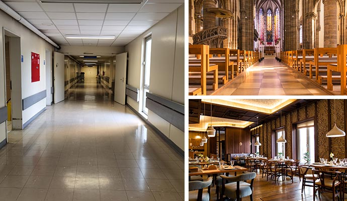 Collage of clean hospital, church, and restaurant