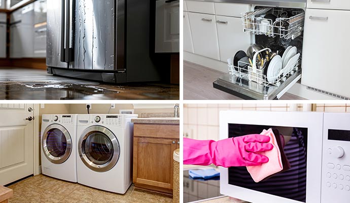 Collage of leaky refrigerator, dishwasher, washing machine and microwave cleanup Collage of leaky refrigerator, dishwasher, washing machine and microwave cleanup