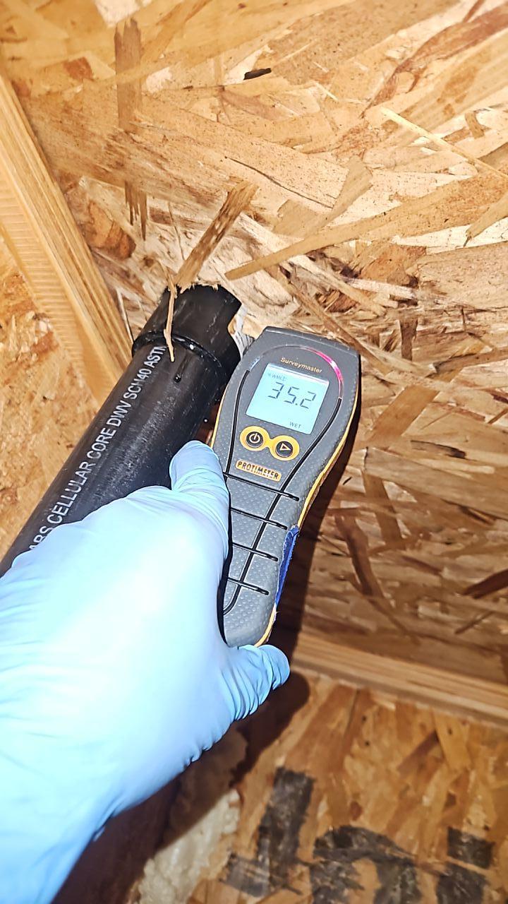 Technician using a moisture meter to assess high saturation levels in structural materials, vital for accurate water damage assessment and guiding the structural drying process after a plumbing leak.