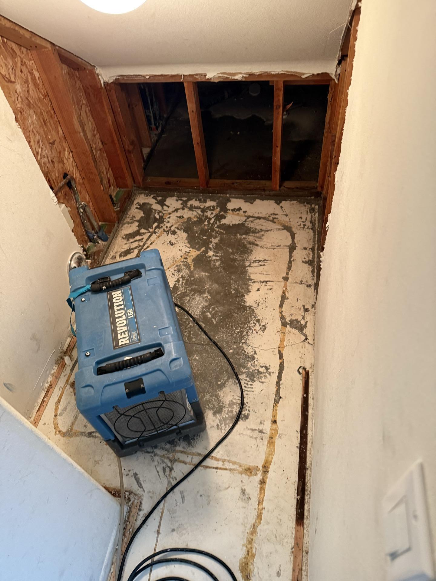 Water damage mitigation in a closet under stairs showing removed, saturated drywall to facilitate structural drying and access to hidden water intrusion areas, preventing further damage and mold growth.