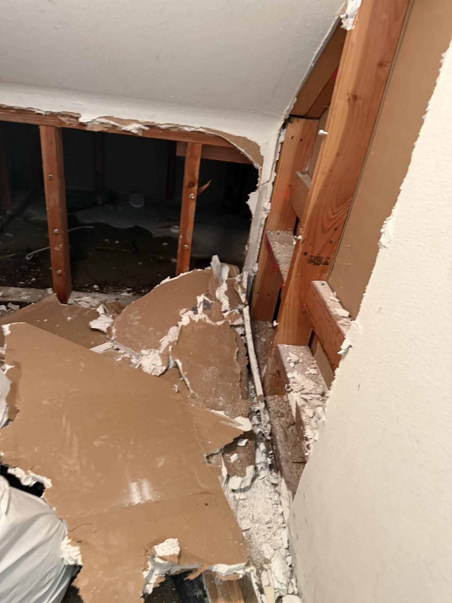 Water damage mitigation showing the removal of saturated drywall to expose studs, a crucial step for water extraction, structural drying, and mold remediation after significant water intrusion into walls.