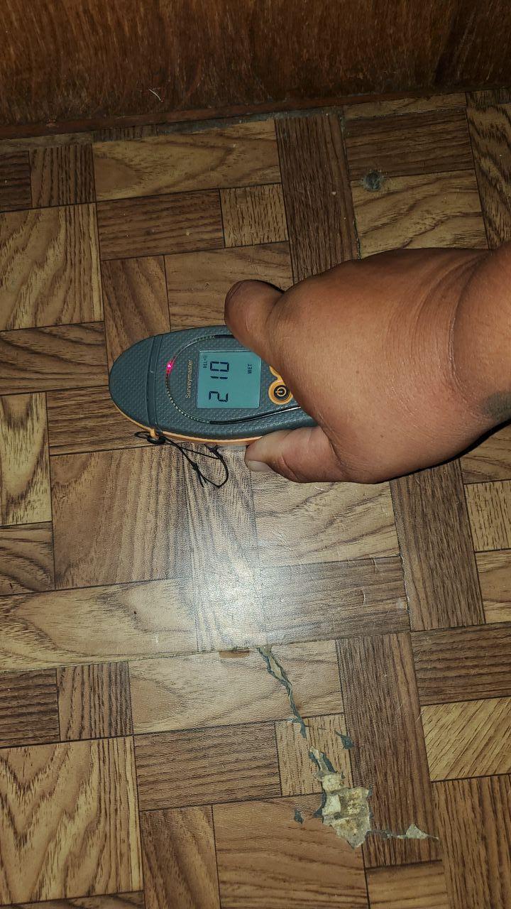 Technician using a moisture meter to perform an accurate moisture assessment of the kitchen floor, a critical step in emergency water mitigation to determine the extent of water damage and plan for structural drying.