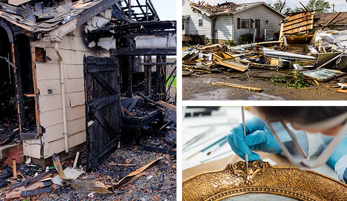 Collage of fire, storm damage and content restoration