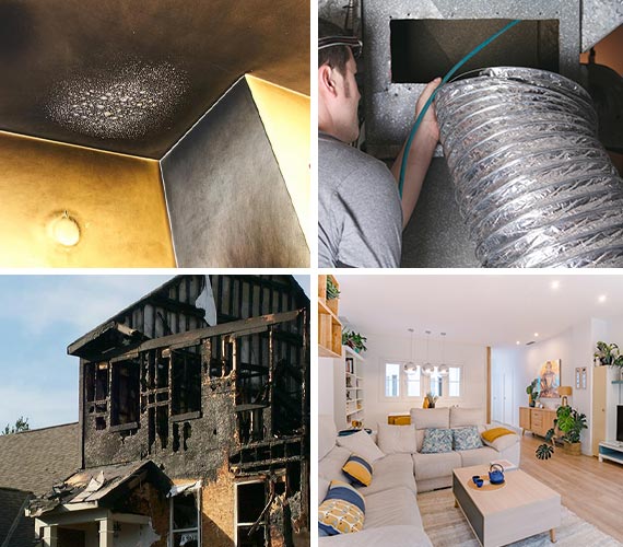 Collage of smoke damaged ceiling, duct cleaning, burnt house and modern living room