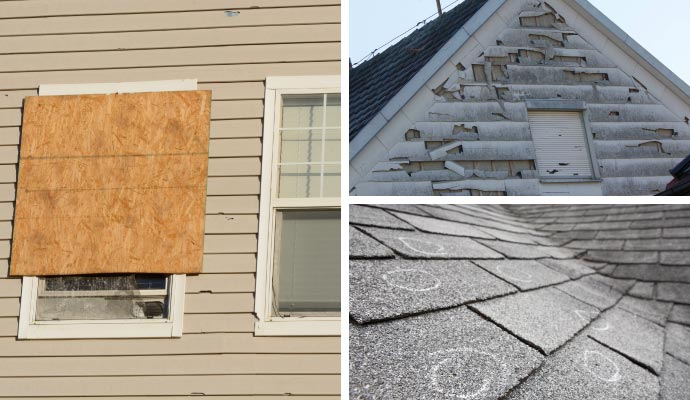 Collage of board up window, hail damaged siding and window