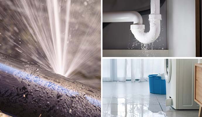 Collage of burst water pipe, plumbing and appliance leakage