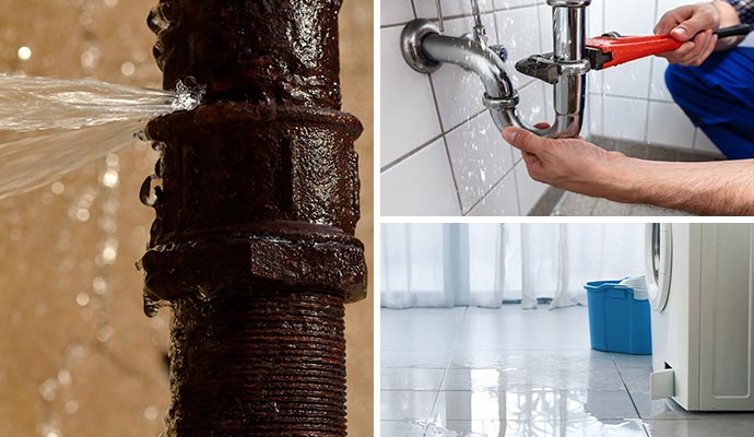Collage of leaked water pipe, loose plumbing and appliance leakage