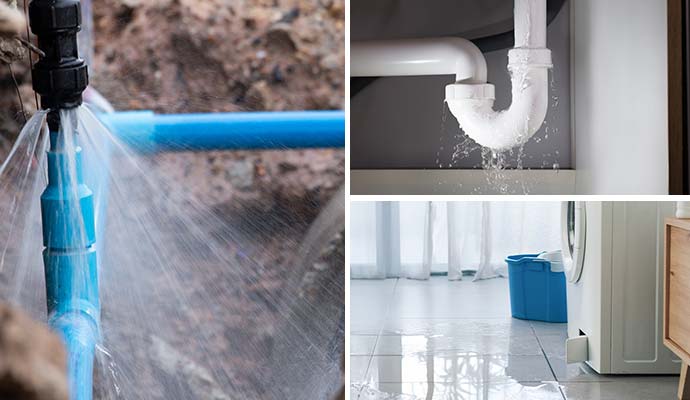 Collage of loose pipe joint, water pipe and appliances leakage