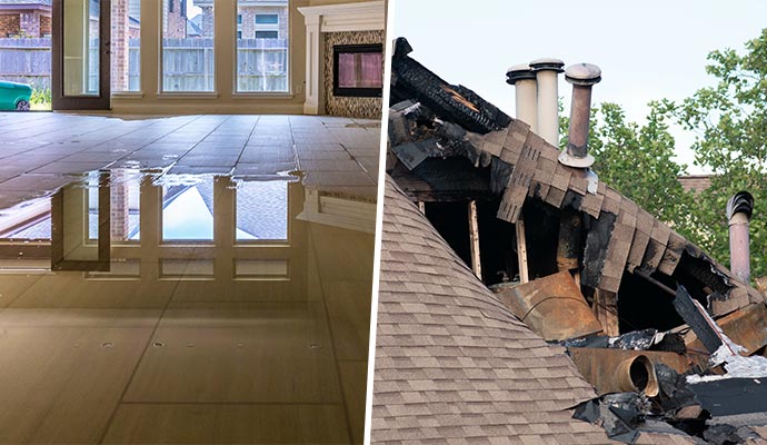 Water damaged floor and fire damaged house