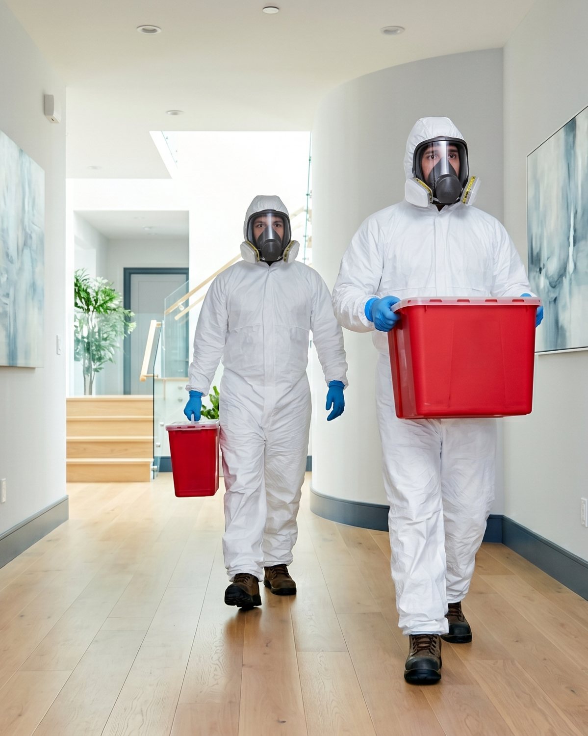 Technicians in protective suits during a biohazard cleanup