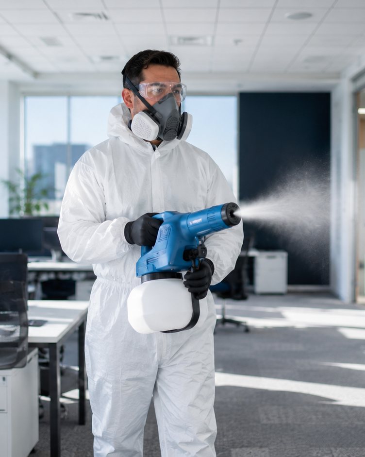Technician disinfecting an interior with a fogger