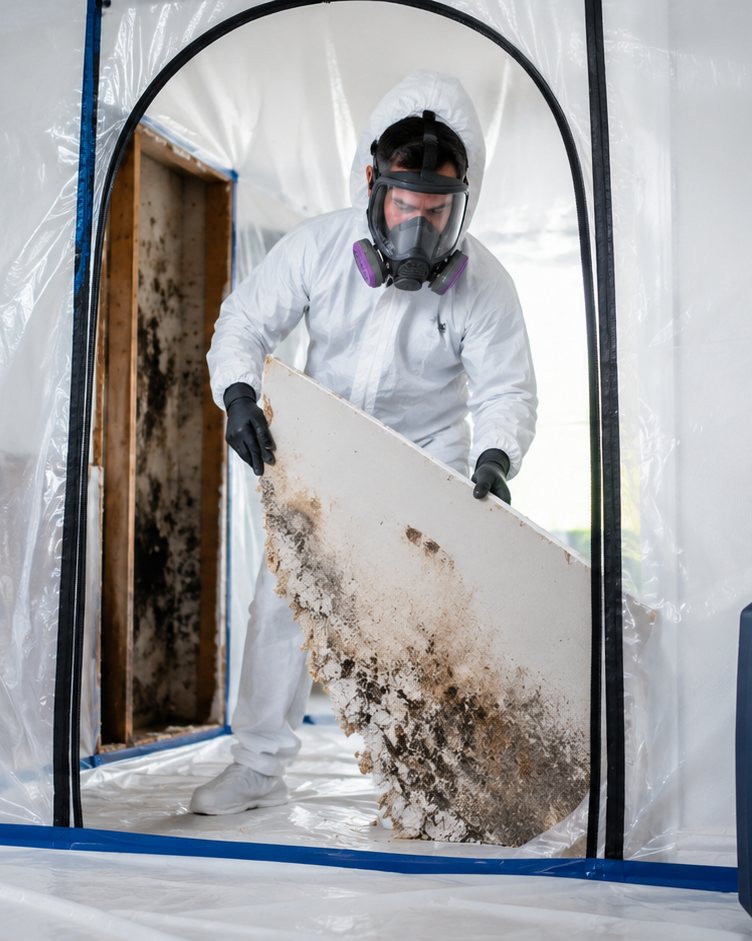 Technician removing mold-damaged drywall in a containment zone