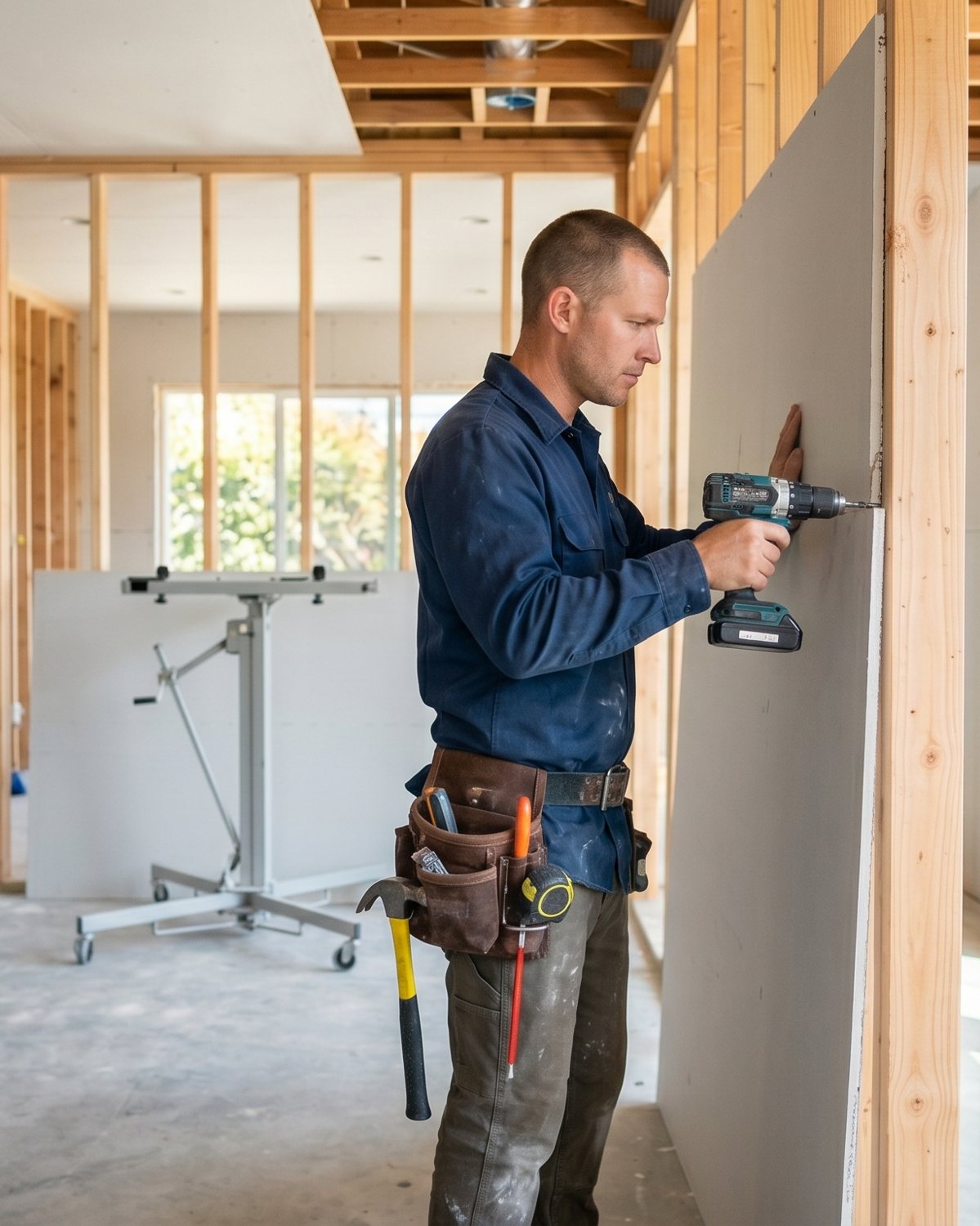 Carpenter installing fresh drywall during a rebuild