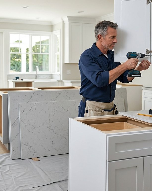 Finish carpenter installing cabinets in a remodel