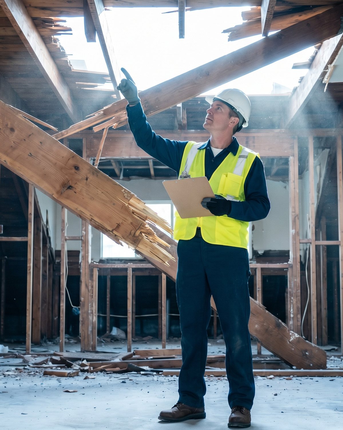 Structural engineer inspecting a damaged home