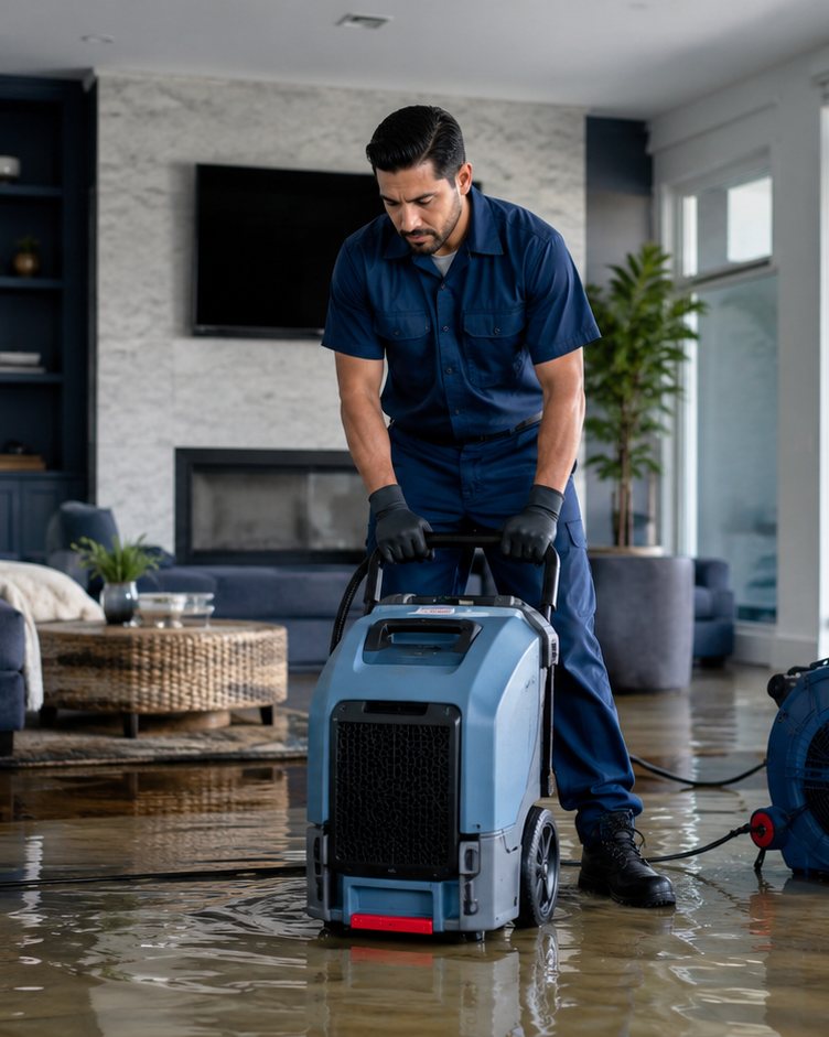 Technician extracting water from a flooded home